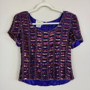 Vintage Stenay Silk Beaded Top Womens Small Red Purple 80s Glam Sequin Rainbow